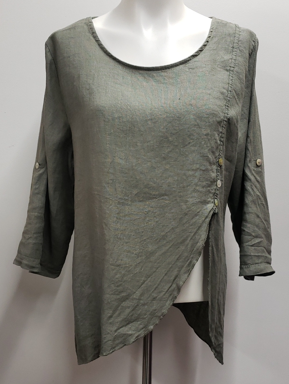 Italian Linen Asymmetrical Olive Green  Tunic Top Women's Size Small